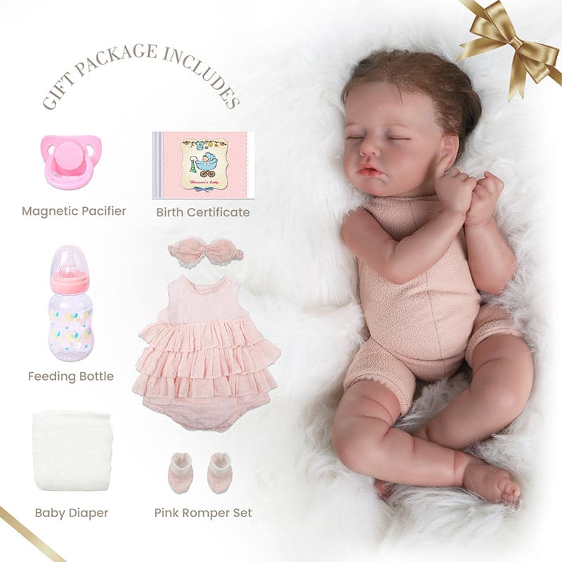 As a perfect gift for kids and your family, Doris doll will come with a lifelike doll, a set of pink dress, a pacifier, a bottle, a baby diaper, and a birth certificate. 