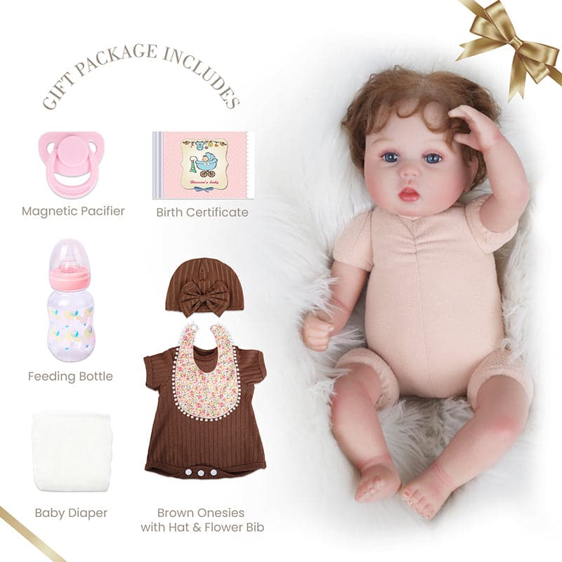 The cute and lifelike baby doll Phebe will come with a doll, a set of clothes, a pacifier, a bottle, a diaper and a birth certificate. Choose Phebe as your perfect gift for kids and your family.
